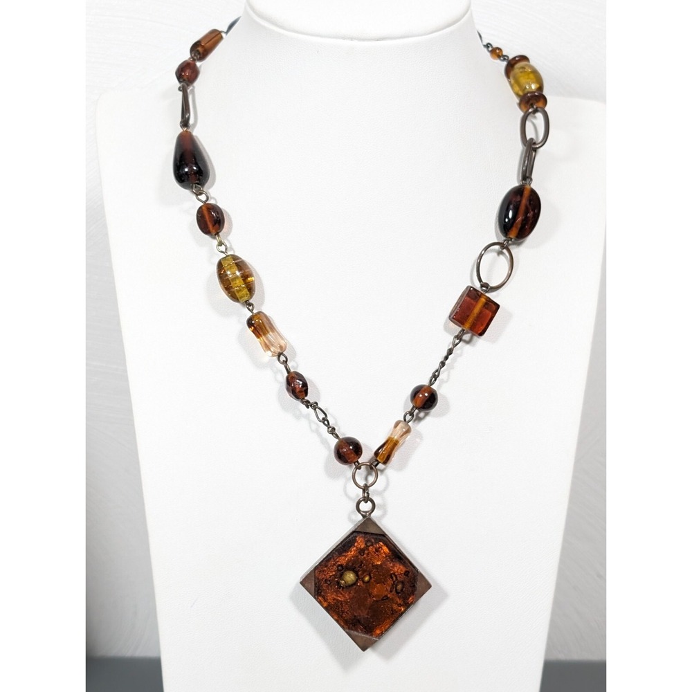 Icing Bronze Tone Brown Glass‎ Square Pendant Beaded Necklace 19"